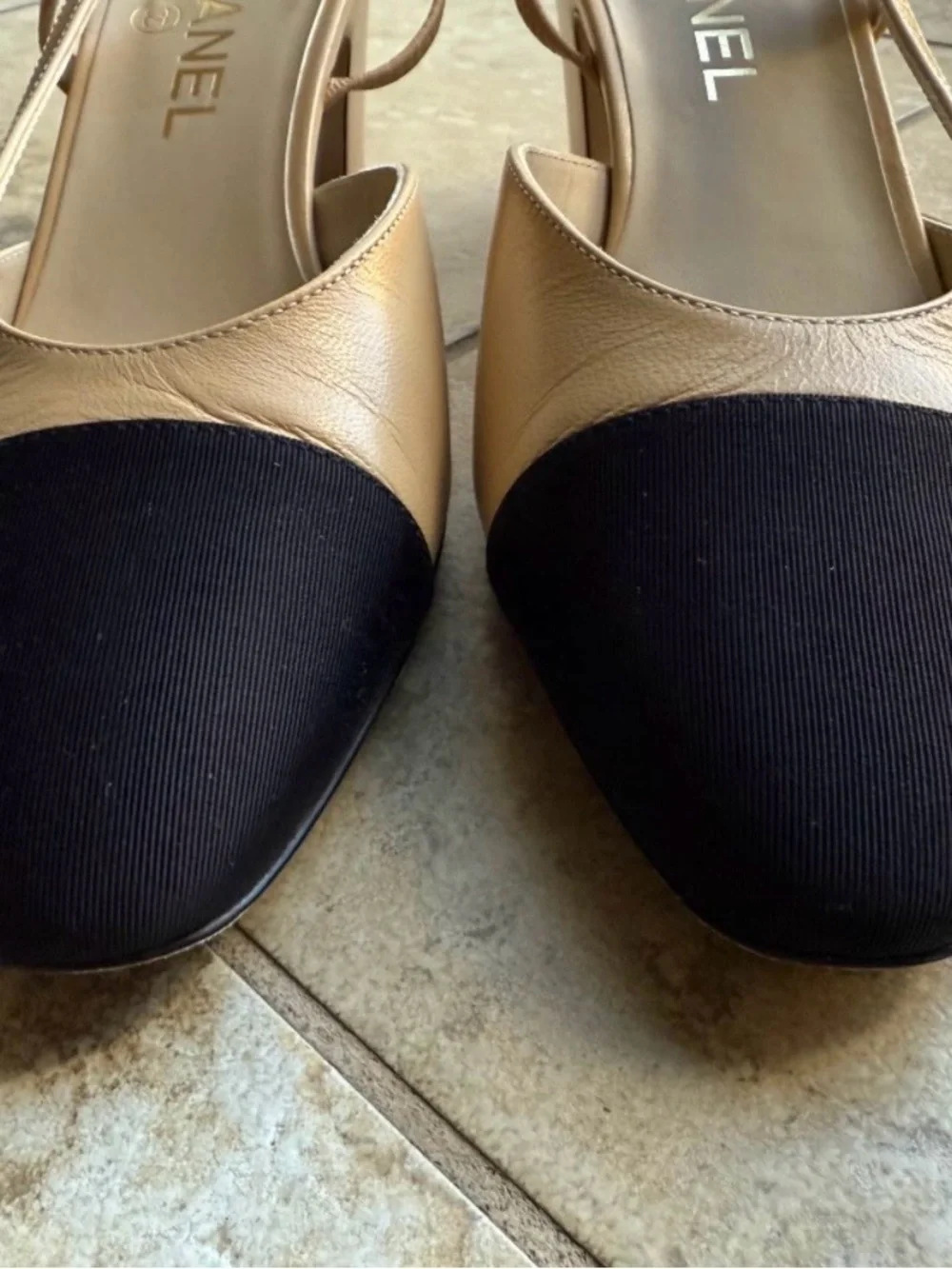 CHANEL Beige and Black Two-Tone Slingback Pumps